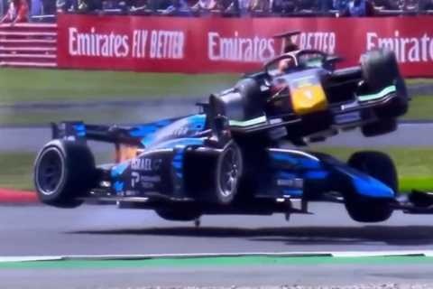 Driver survives life-threatening horror crash at Silverstone as one car lands on TOP of another in F2 British Grand Prix