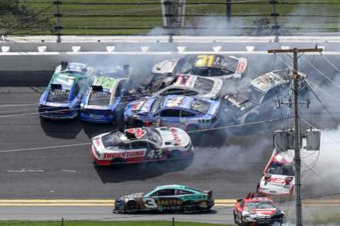 Watch shocking moment almost EVERY car is wiped out in huge Nascar crash during rainstorm in Daytona