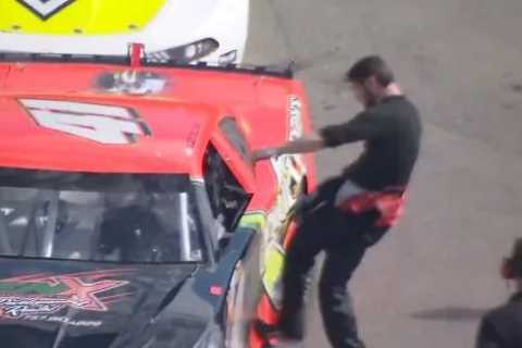 Watch furious driver repeatedly punch rival through the car window as angry row in NASCAR race turns violent