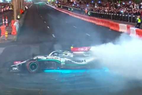 Lewis Hamilton almost CRASHES as doughnuts stunt spirals out of control at Las Vegas GP launch party