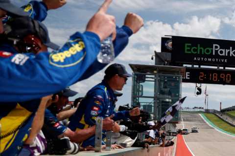‘Might want to put that out’ – Watch Nascar winner’s car burst into FLAMES after celebratory burnout leaves fans baffled