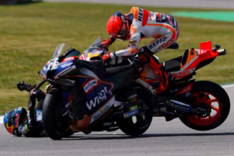 ‘This guy should be banned’ – Watch shocking moment MotoGP rider completely wipes out rival as fans fume he’s a ‘danger’